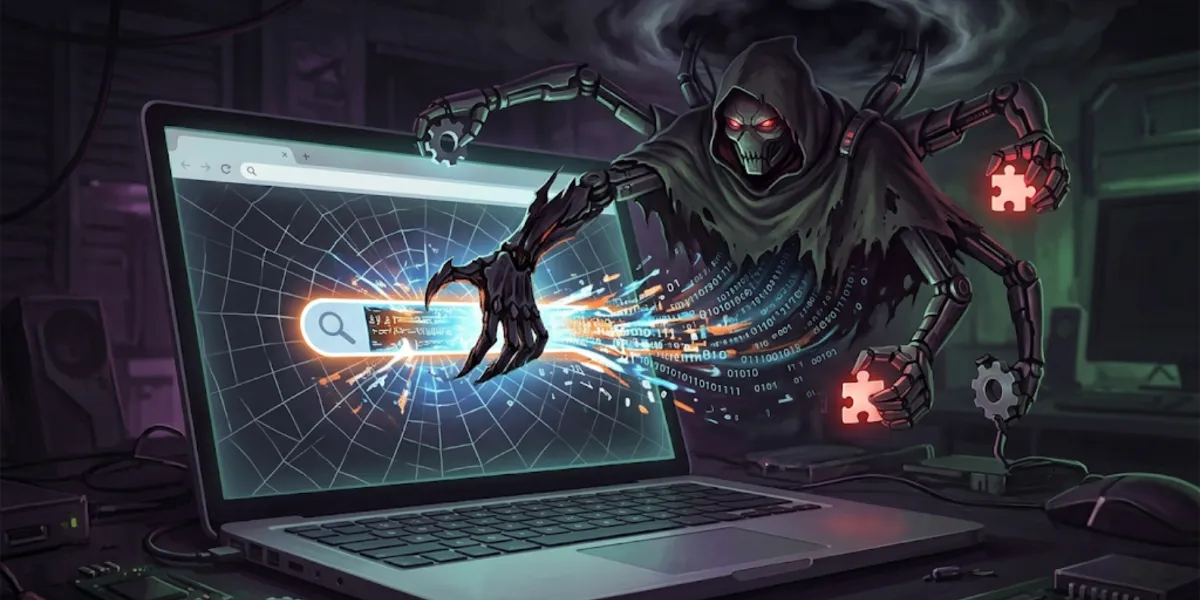 Illustration av ett falskt AI-tillägg som kapar sökrutan i en webbläsare